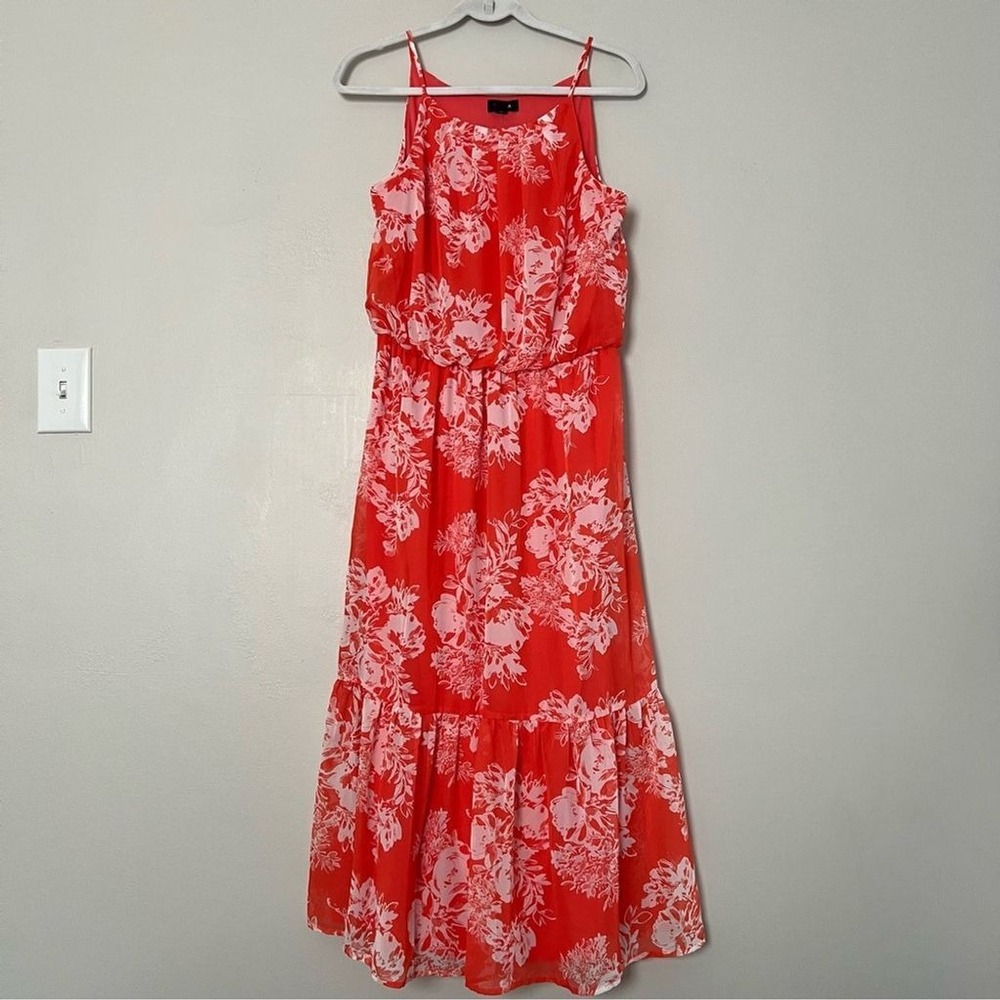 Tacera Red White Floral Chiffon Maxi Dress Petite Large PL‎ Halter Tiered